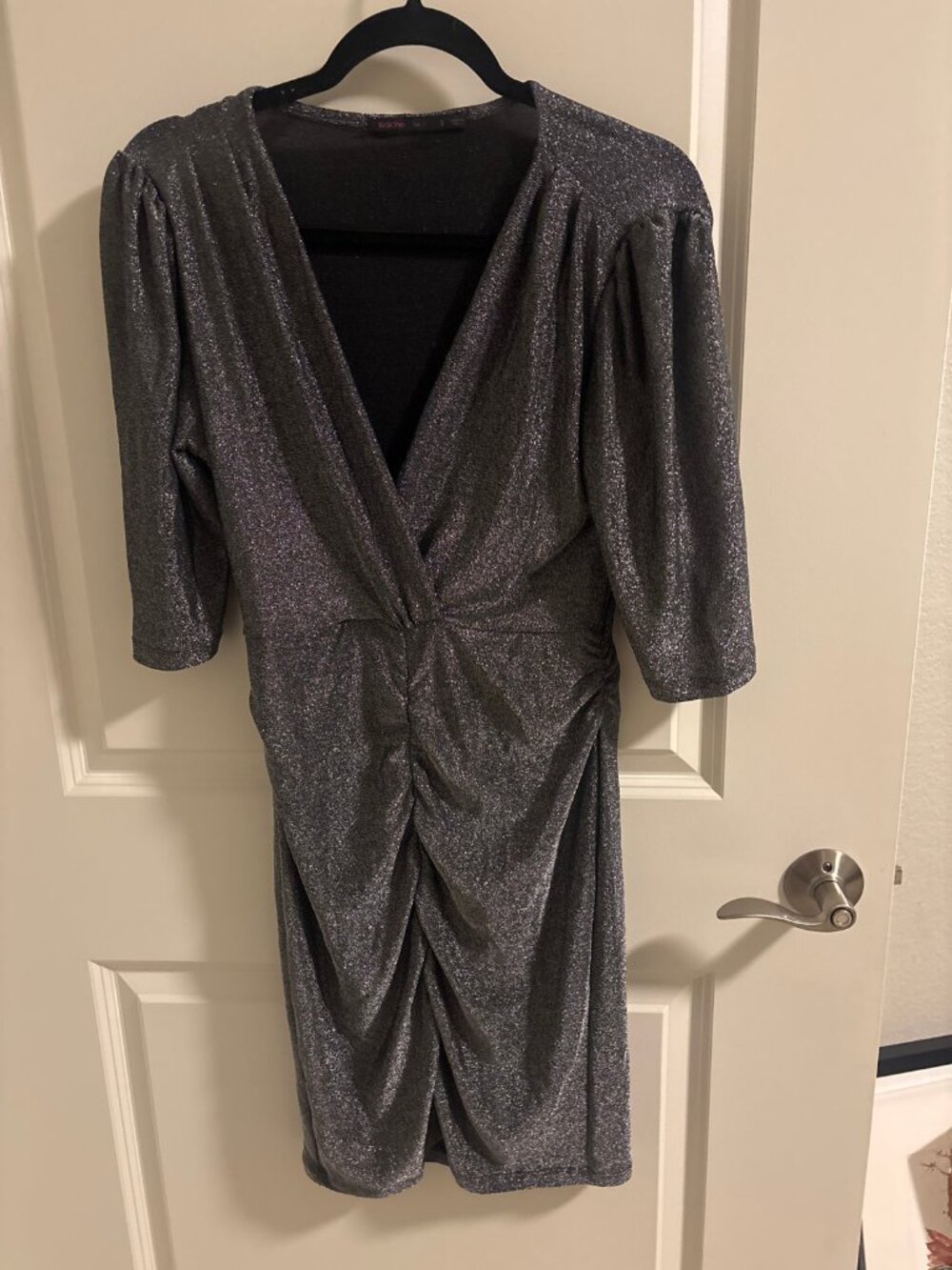 Fraiche by J Glitter Wrap Dress Small NWOT Black Silver Metallic Mini Dress